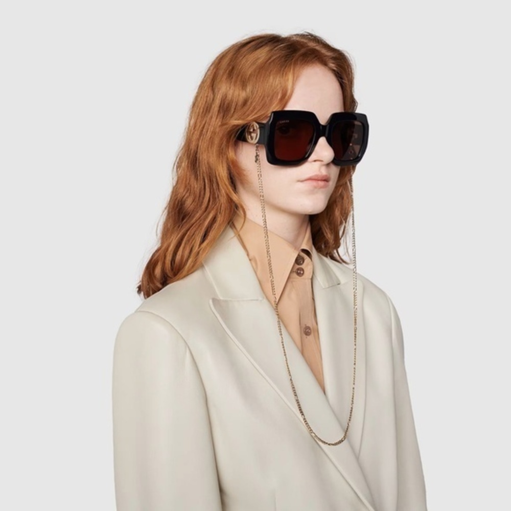 Gucci GG1022S Square Sunglasses Black w/ Gold Chain